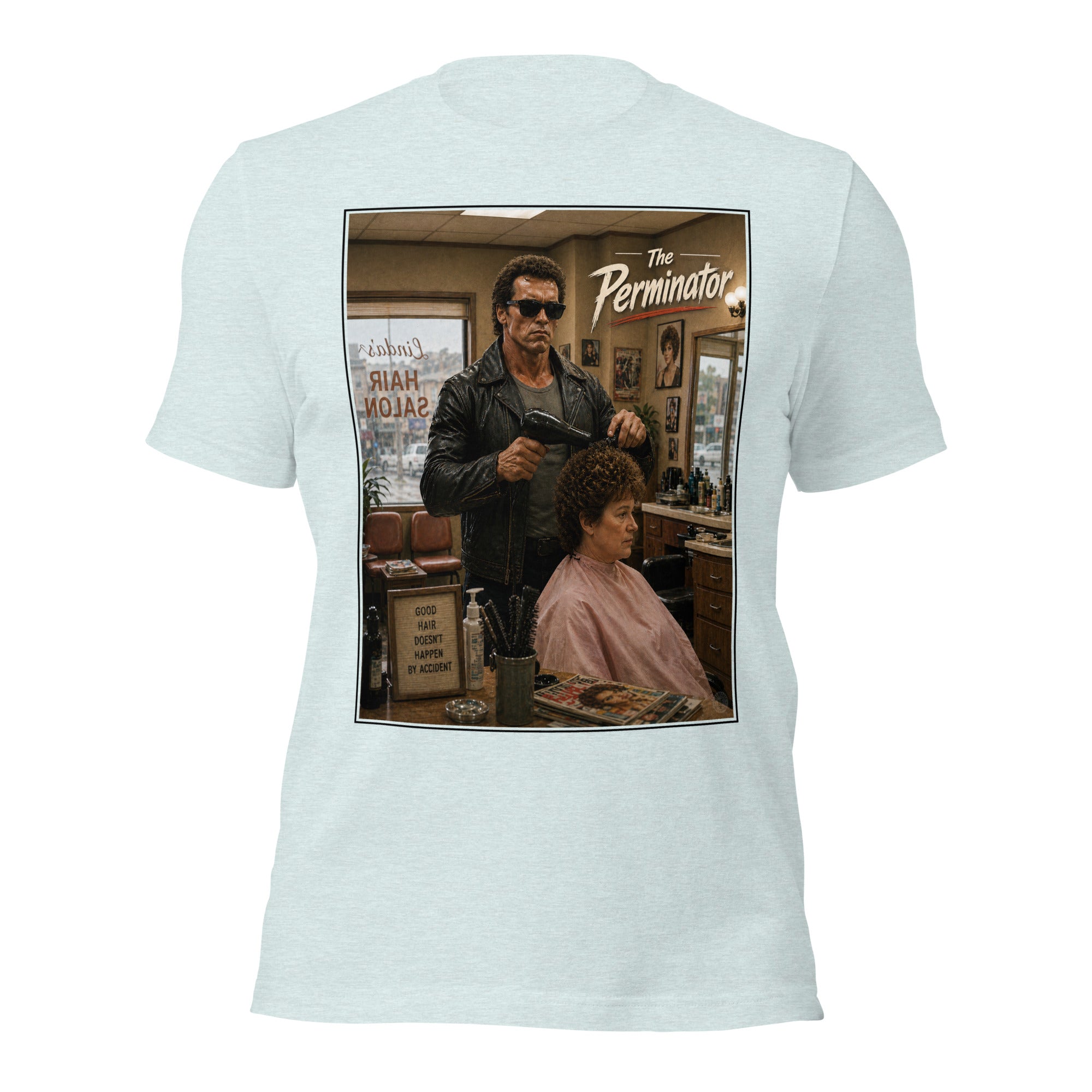 White t-shirt with a graphic of a woman getting a perm in a barbershop, titled 'The Perminator'.