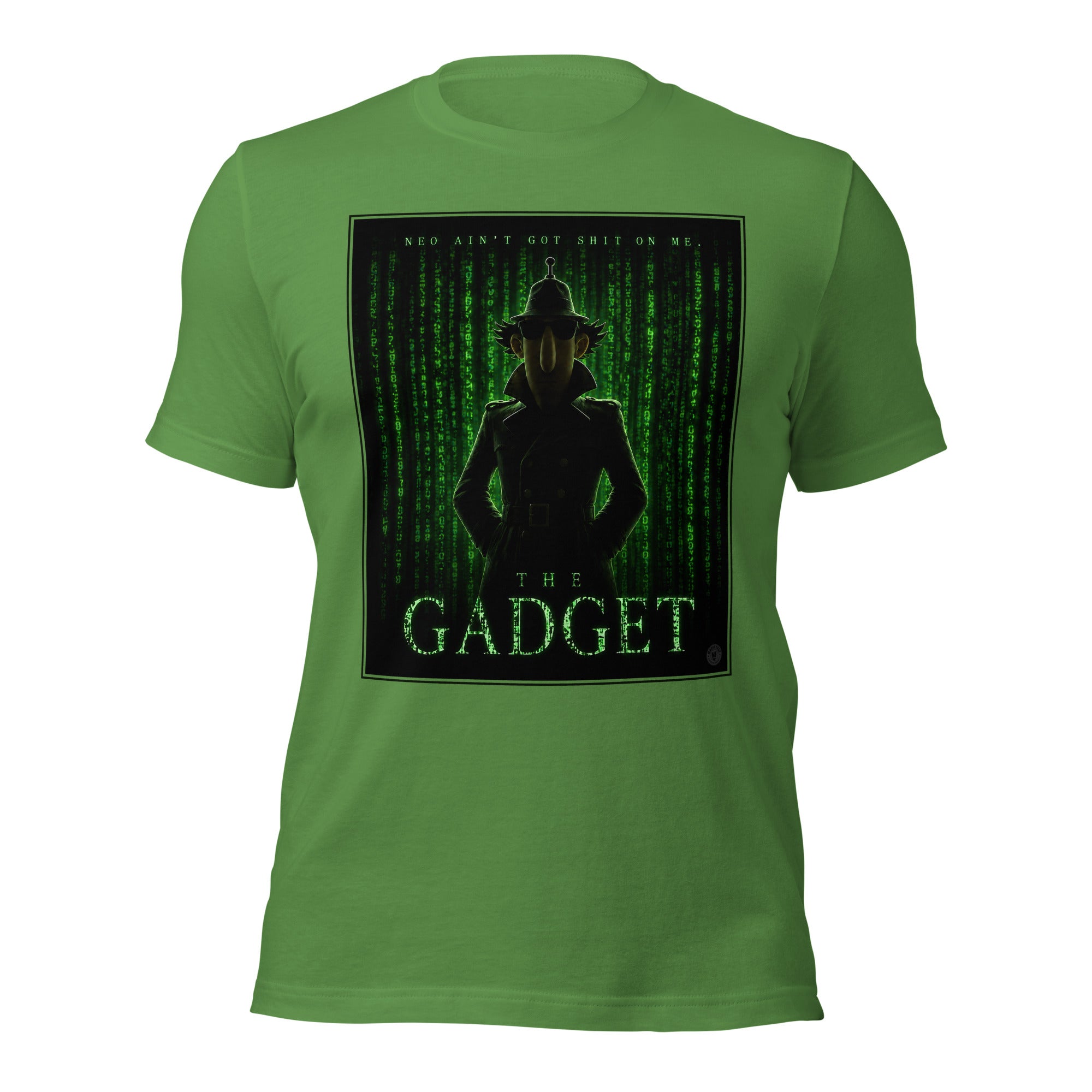 Green t-shirt with an inspector gadget graphic design silhouette and text on a white background
