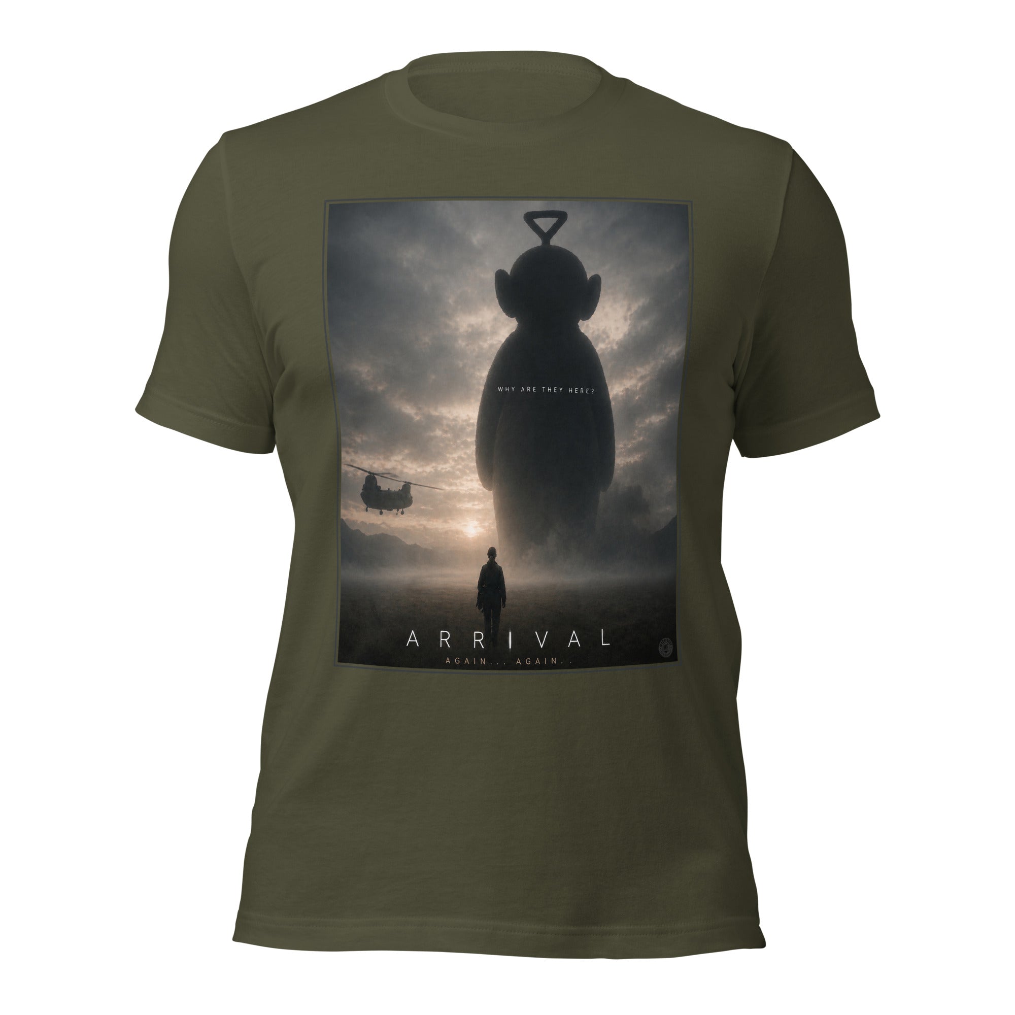 Green t-shirt with 'Arrival' movie poster design featuring a silhouette of a teletubby figure and alien.