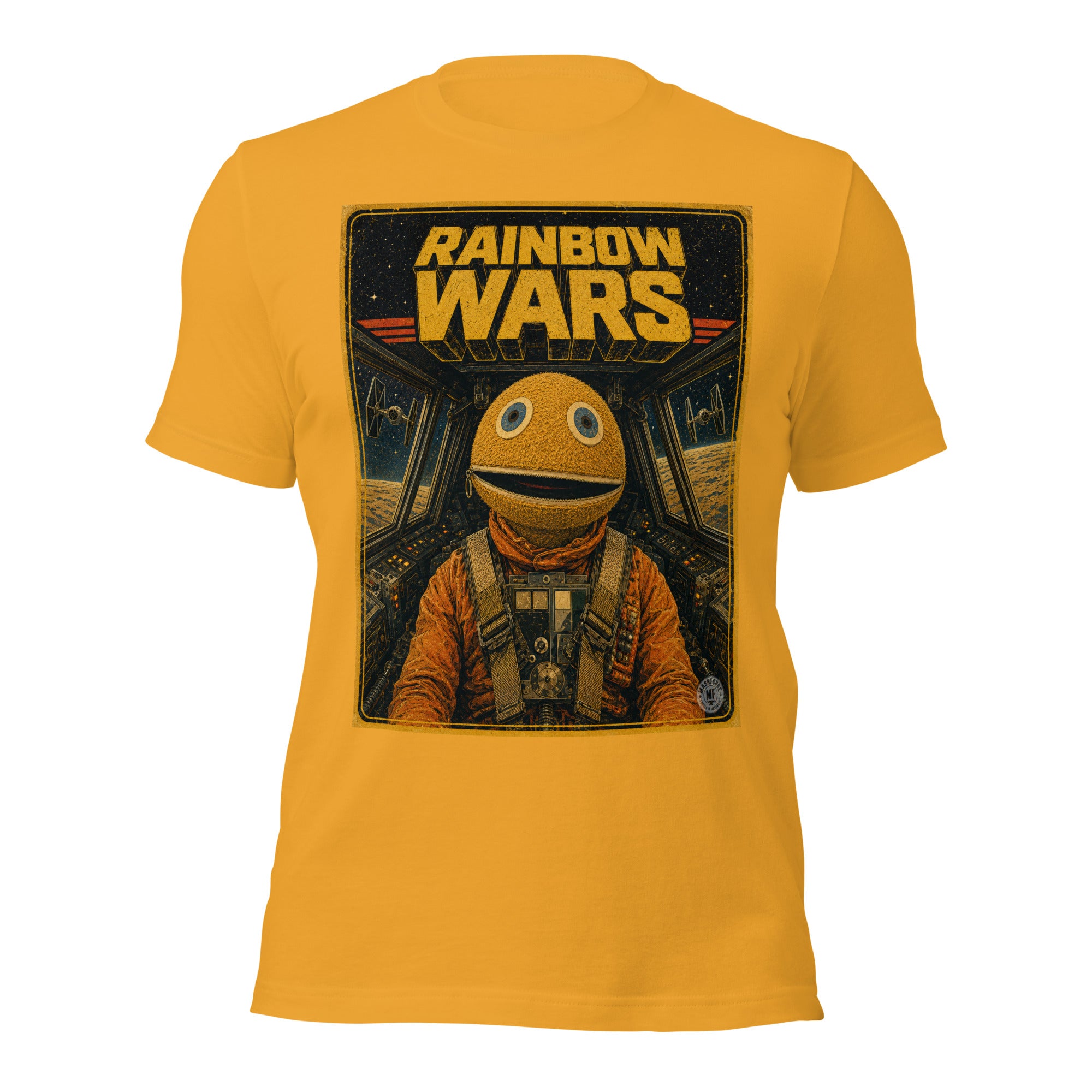 Yellow t-shirt with funny rainbow Wars graphic on a white background