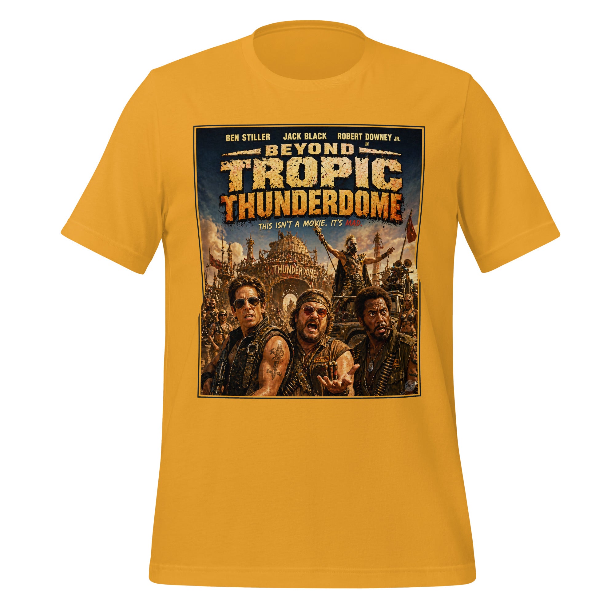 Yellow t-shirt with 'Beyond Tropic Thunderdome' graphic design on a white background