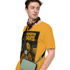 Person wearing a yellow 'Rainbow Wars' t-shirt with a graphic design, holding a green crossbody bag.