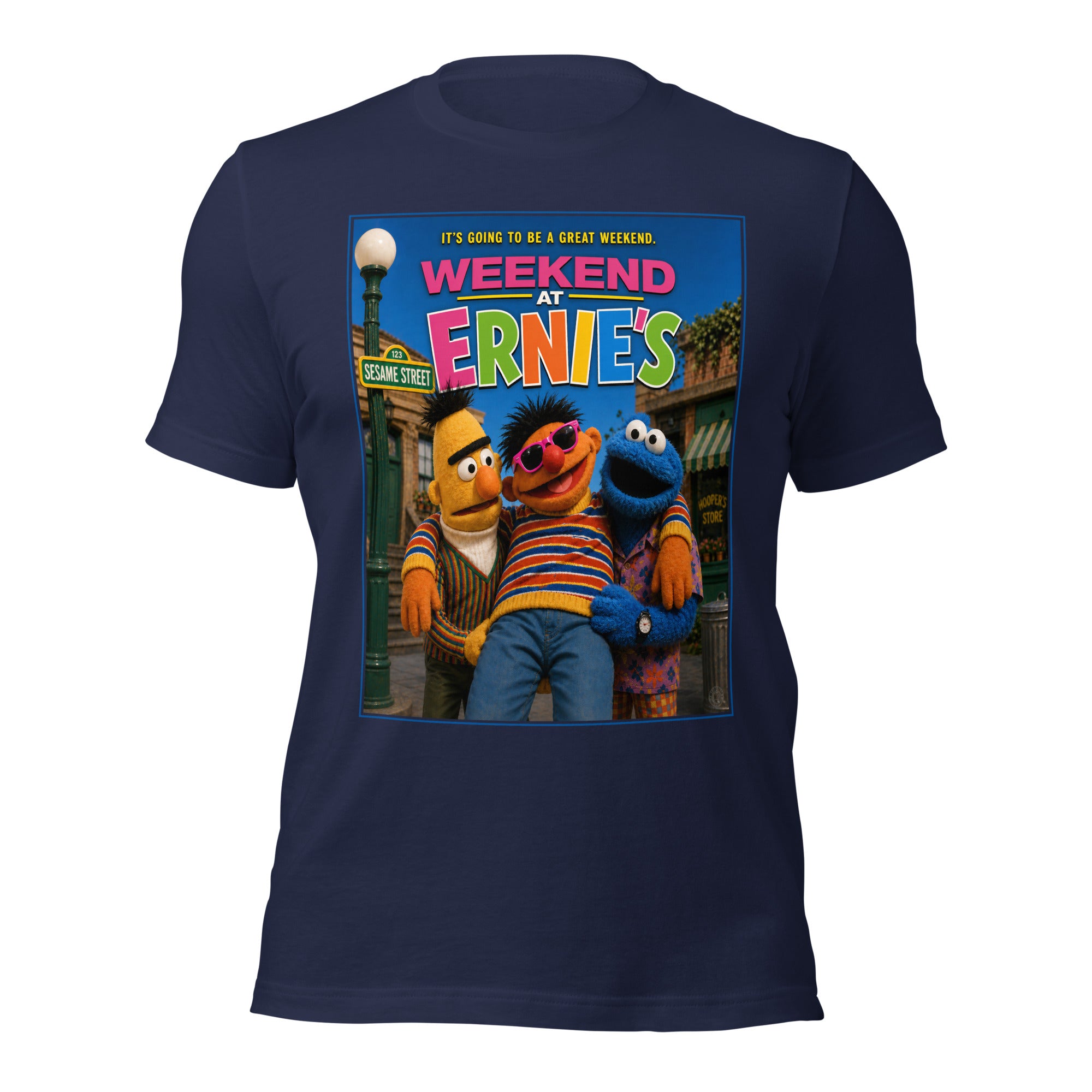 Navy blue t-shirt with 'Weekend at Ernie's' graphic featuring Muppets on a white background