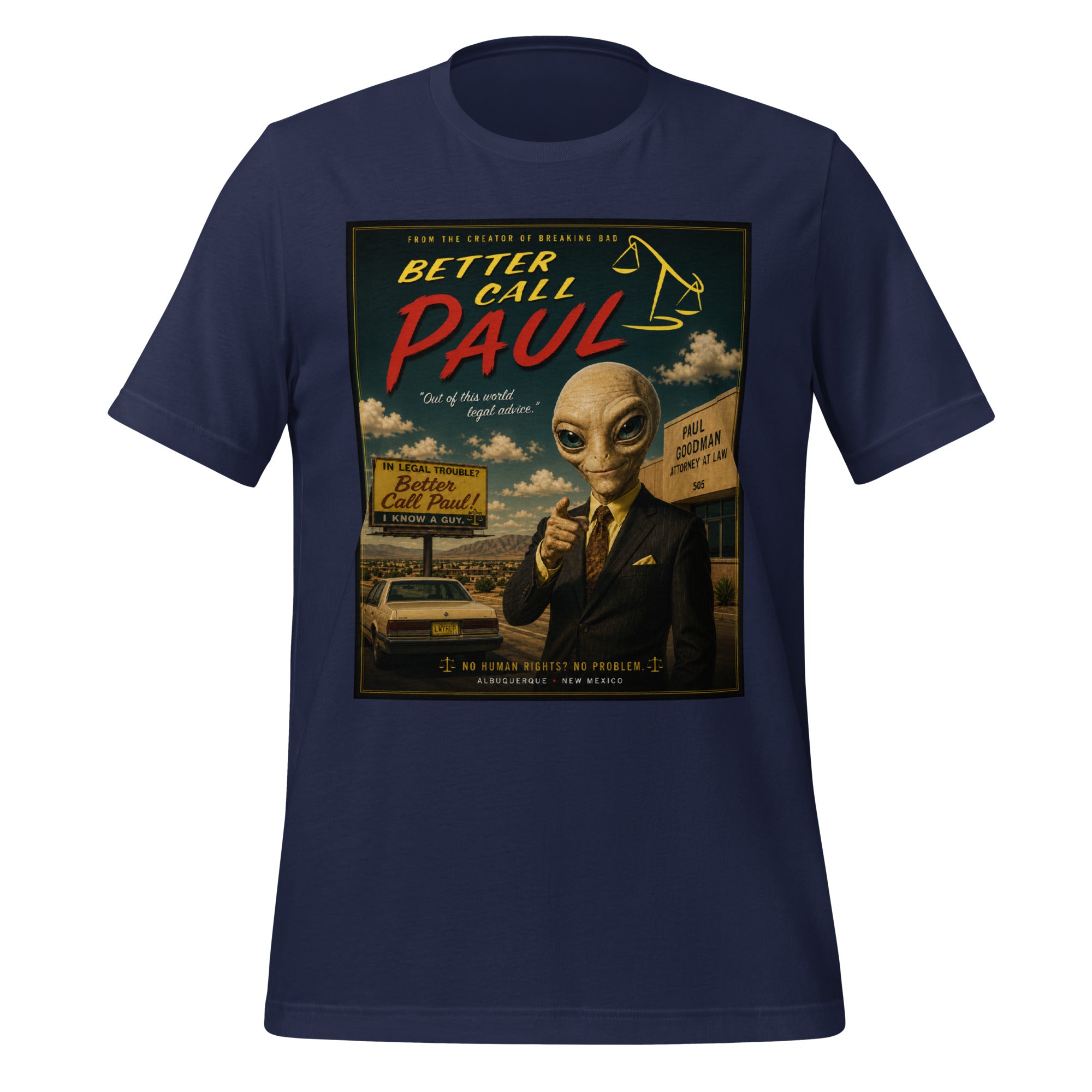 Navy blue t-shirt with 'Better Call Paul' funny mashforge graphic featuring an alien in a suit.