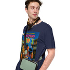 Person wearing a navy blue t-shirt with a colorful graphic design on a white background