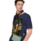 Man wearing a navy blue t-shirt with a funny mashforge graphic design of an alien and text.