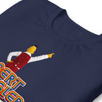 Close-up of a navy blue T-shirt with a graphic print of a cartoon figure in a red vest and white shirt pointing, alongside colourful text reading Bert Diggler.