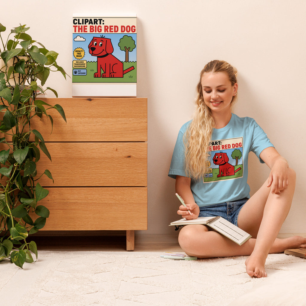 Woman sitting on the floor reading a book with a 'The Big Red Dog' clipart on her shirt, next to a wooden dresser and plant.