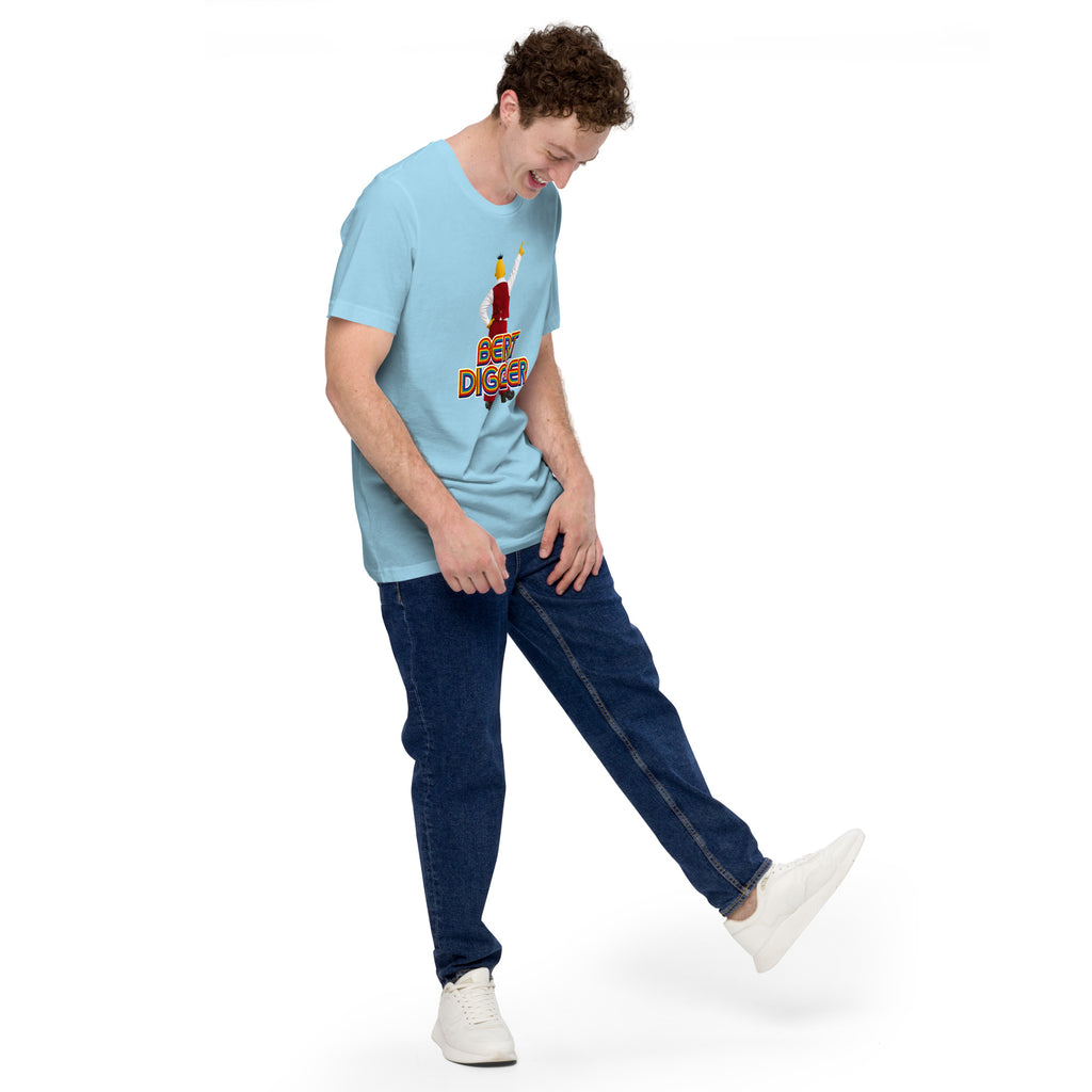 Person wearing a light blue mashforge Bert Diggler t-shirt with a graphic design and dark blue jeans on a white background
