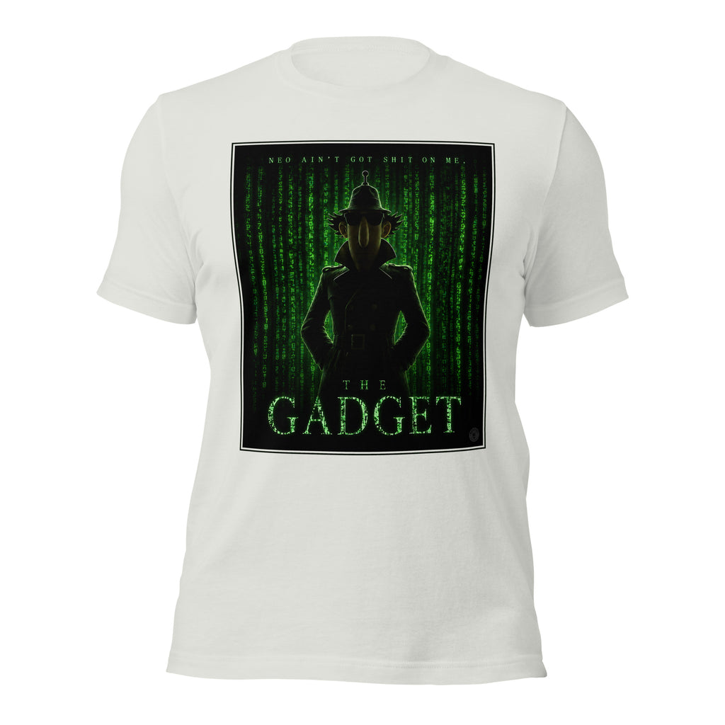 White t-shirt with a graphic design of a silhouette and 'The Gadget' text on a white background