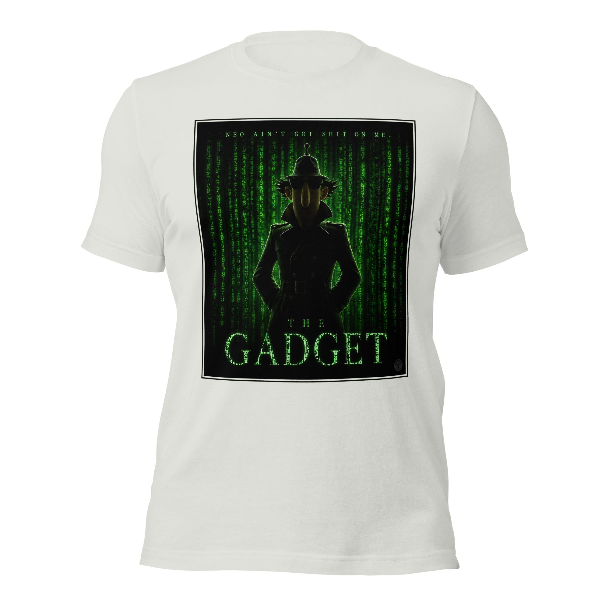 White t-shirt with a graphic design of a silhouette and 'The Gadget' text on a white background