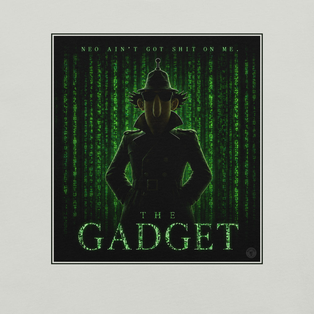 Silhouette of an inspector gadget style character with text overlay on a green matrix-style background