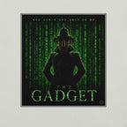 Silhouette of an inspector gadget style character with text overlay on a green matrix-style background