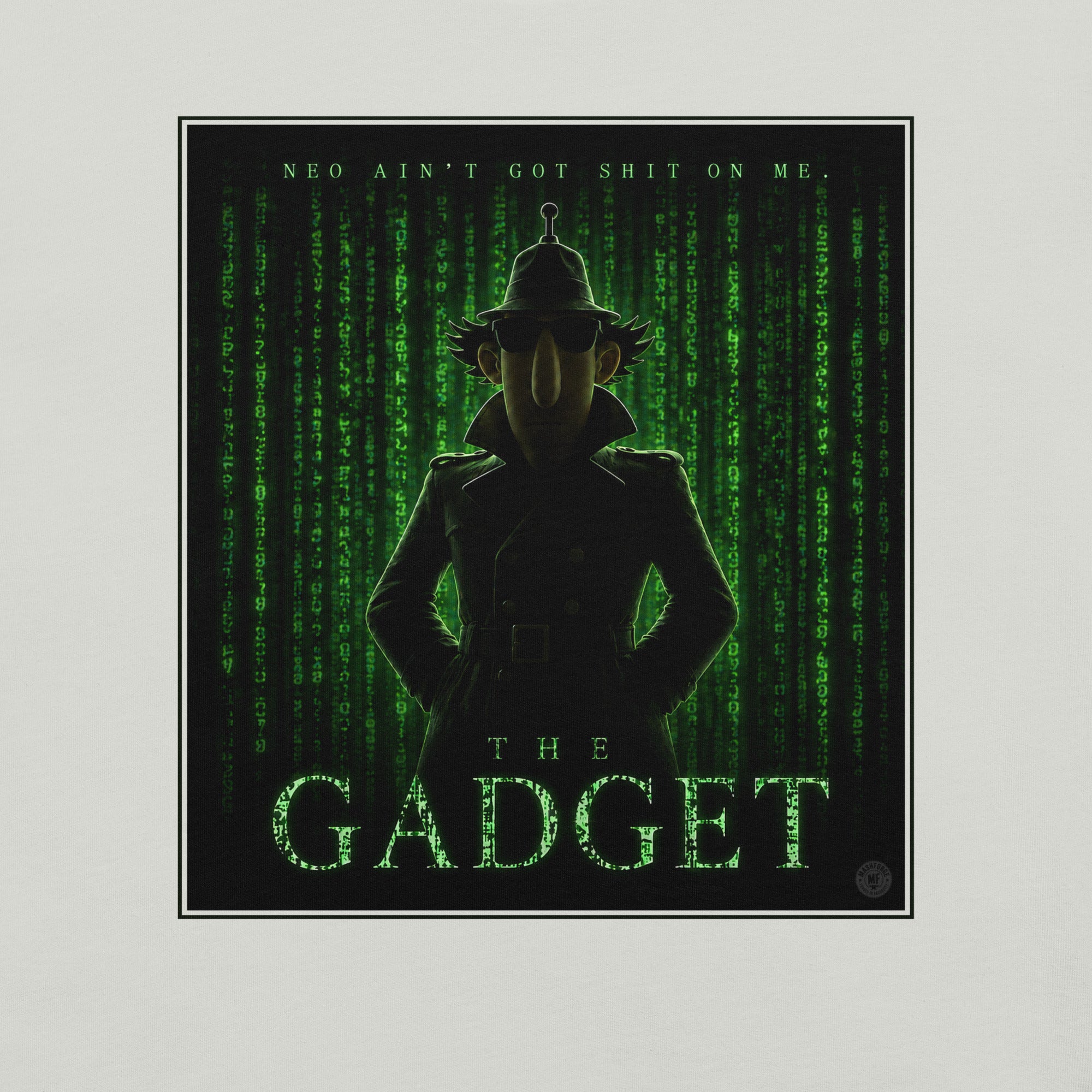 Silhouette of an inspector gadget style character with text overlay on a green matrix-style background