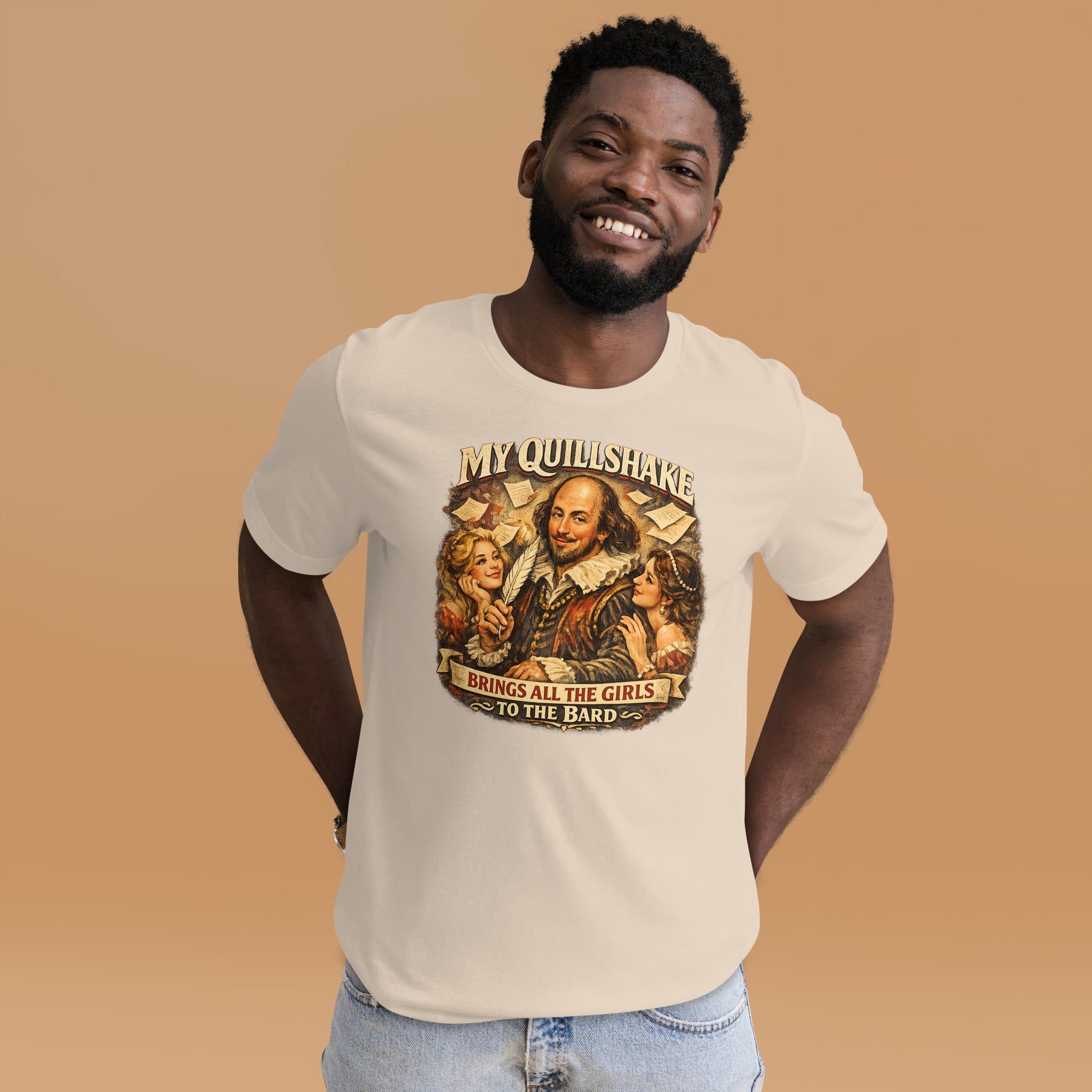 a man wearing a funny shakespeare tshirt