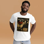 Man wearing a white t-shirt with a graphic design on a beige background