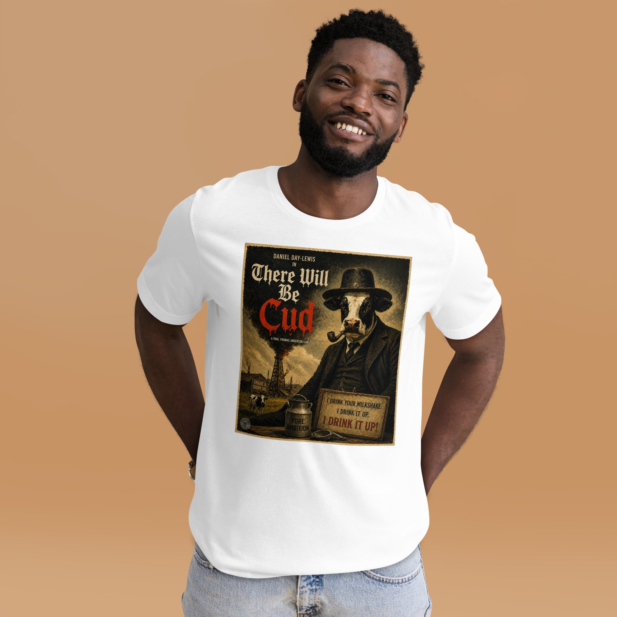 Man wearing a white t-shirt with a graphic design on a beige background