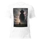 White t-shirt with 'Arrival' movie poster design featuring a silhouette of an alien teletubby and a person.