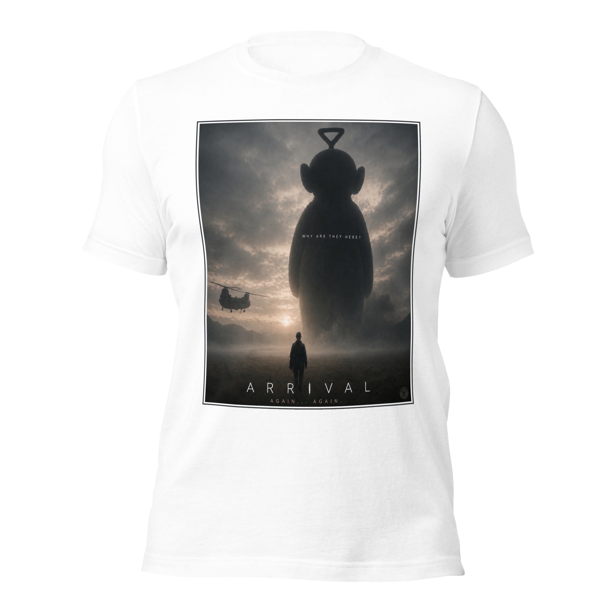 White t-shirt with 'Arrival' movie poster design featuring a silhouette of an alien teletubby and a person.