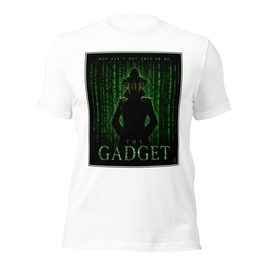 White t-shirt with a graphic design of a silhouette and text 'The Gadget' on a green screen background.