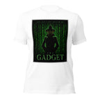 White t-shirt with a graphic design of a silhouette and text 'The Gadget' on a green screen background.