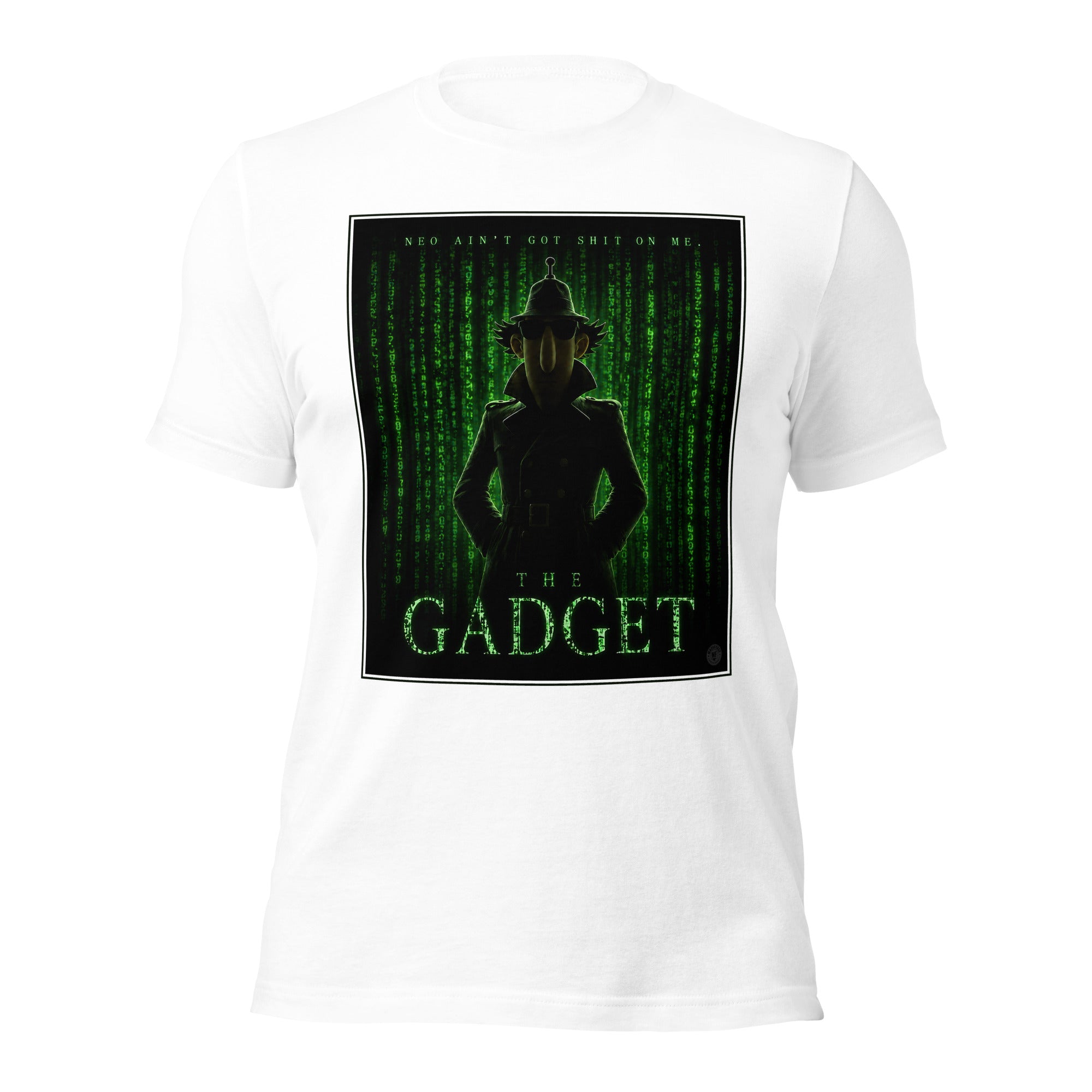 White t-shirt with a graphic design of a silhouette and text 'The Gadget' on a green screen background.