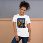 Person wearing a white t-shirt with a funny graphic design of two parody characters from sesame street on a plain background.