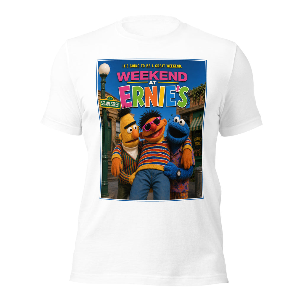 White t-shirt with 'Weekend at Ernie's' Sesame Street graphic