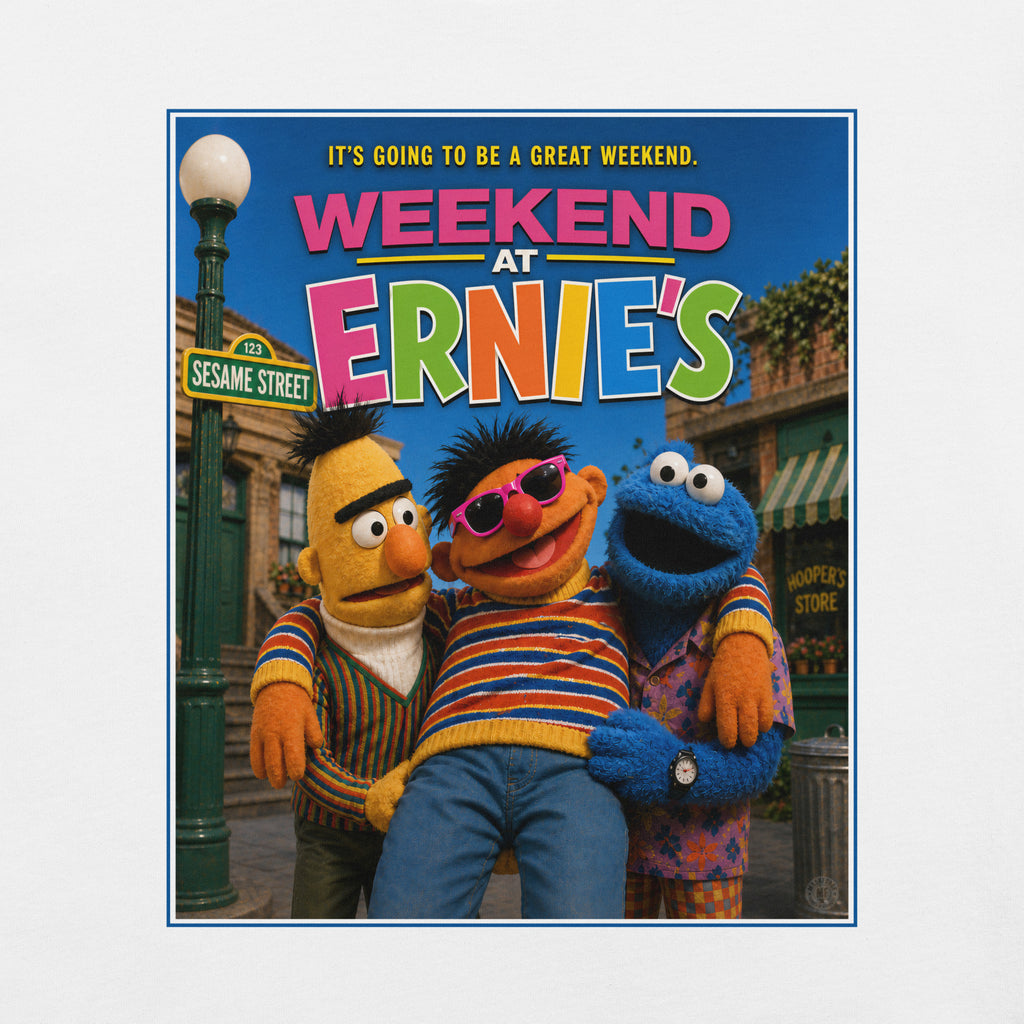 Sesame Street characters in front of a store with 'Weekend at Ernie's' text.