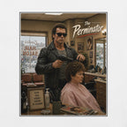 The Terminator in leather jacket and sunglasses holding a hair dryer, sitting a woman in a barber chair with 'The Perminator' sign above.