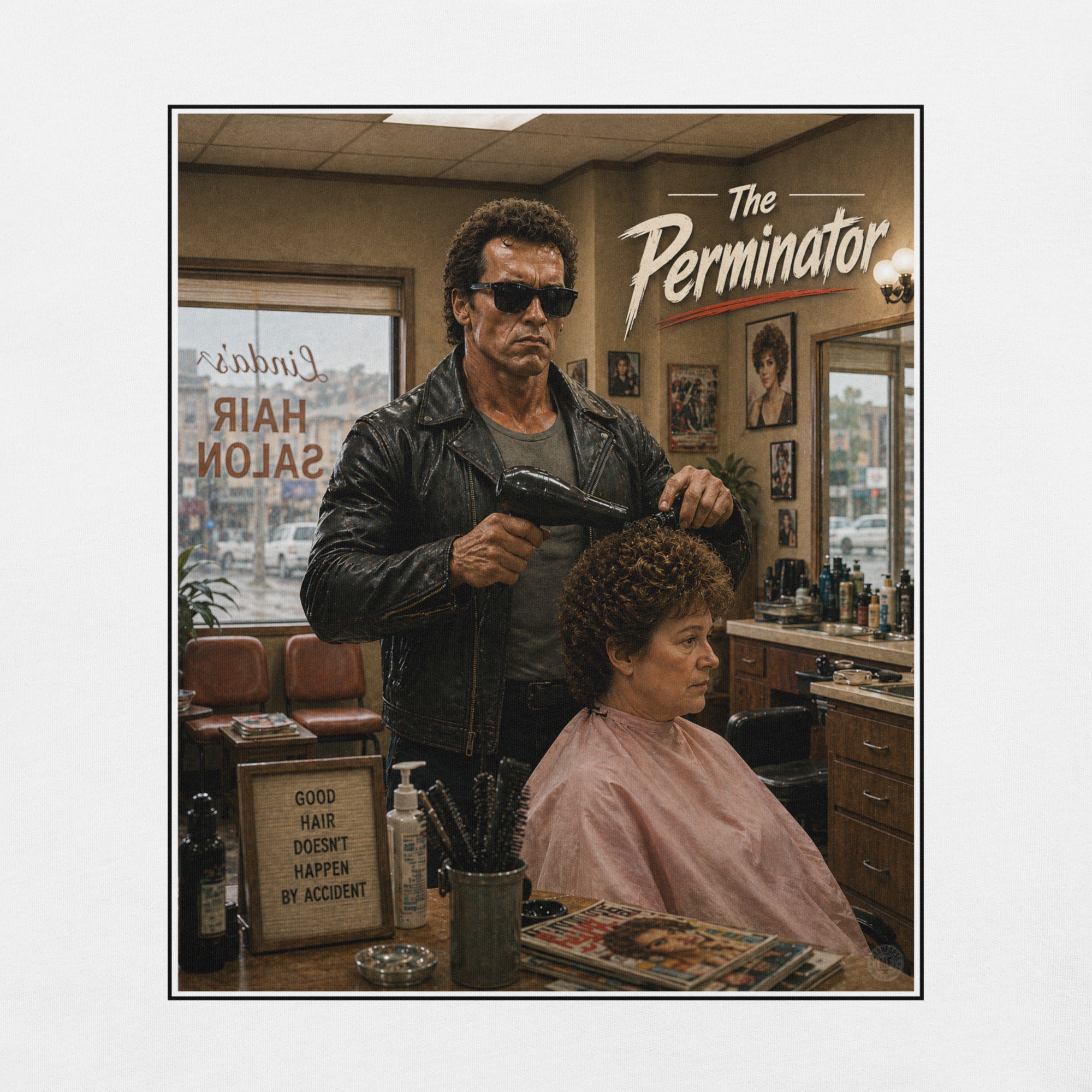 The Terminator in leather jacket and sunglasses holding a hair dryer, sitting a woman in a barber chair with 'The Perminator' sign above.