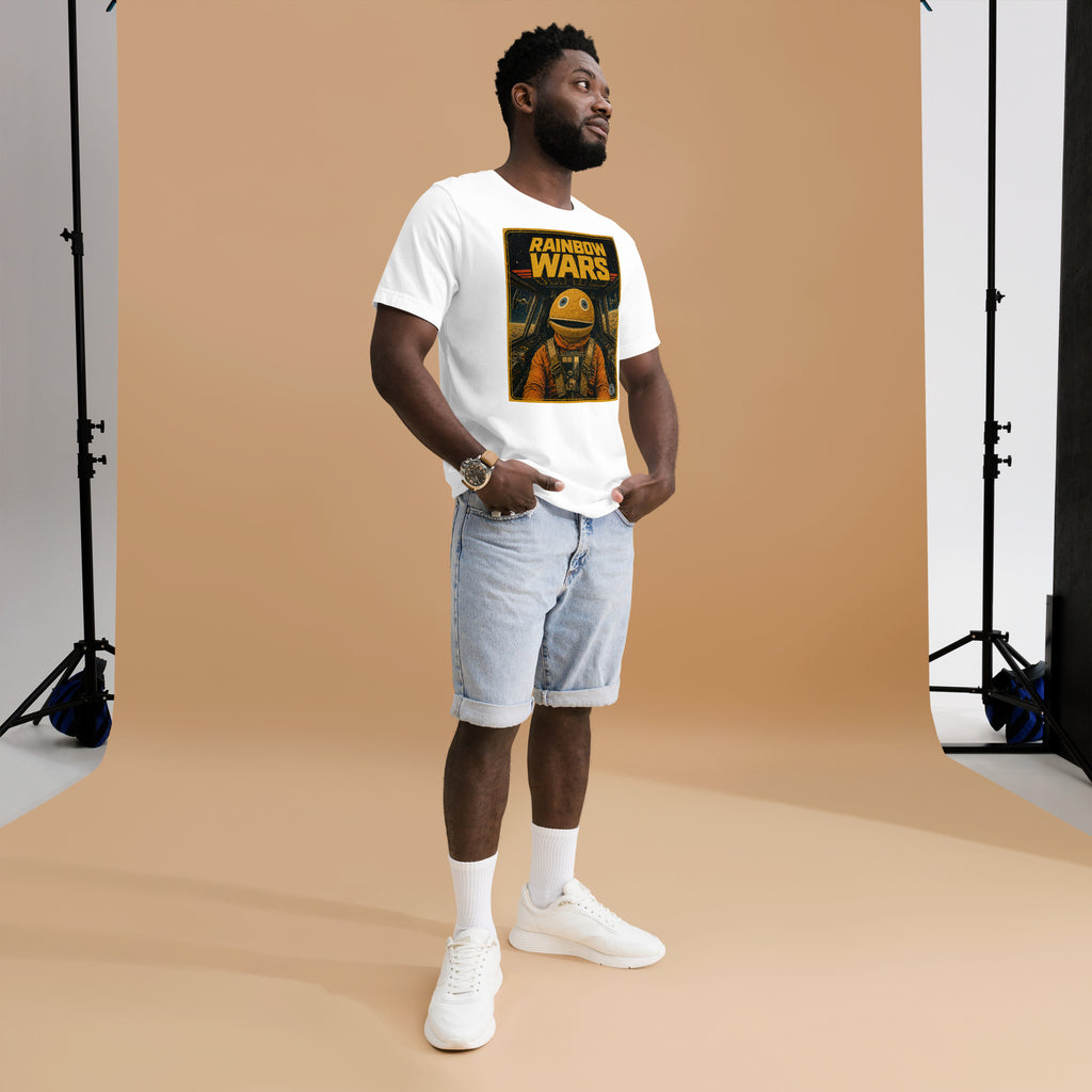 Man wearing a white t-shirt with a start trek inspired rainbow wars tv graphic design, standing against a brown backdrop in a studio setting.
