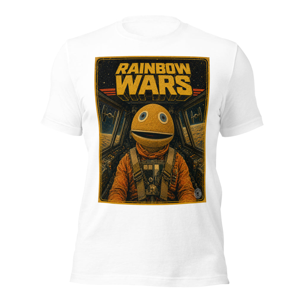 White t-shirt with 'Rainbow Wars' graphic design featuring a character in an astronaut suit.