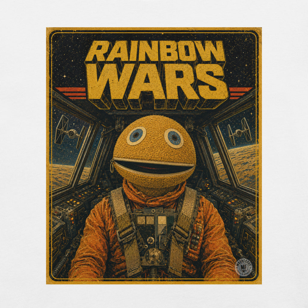 Poster of tv character Zippy  in a star wars inspired spaceship with 'Rainbow Wars' text
