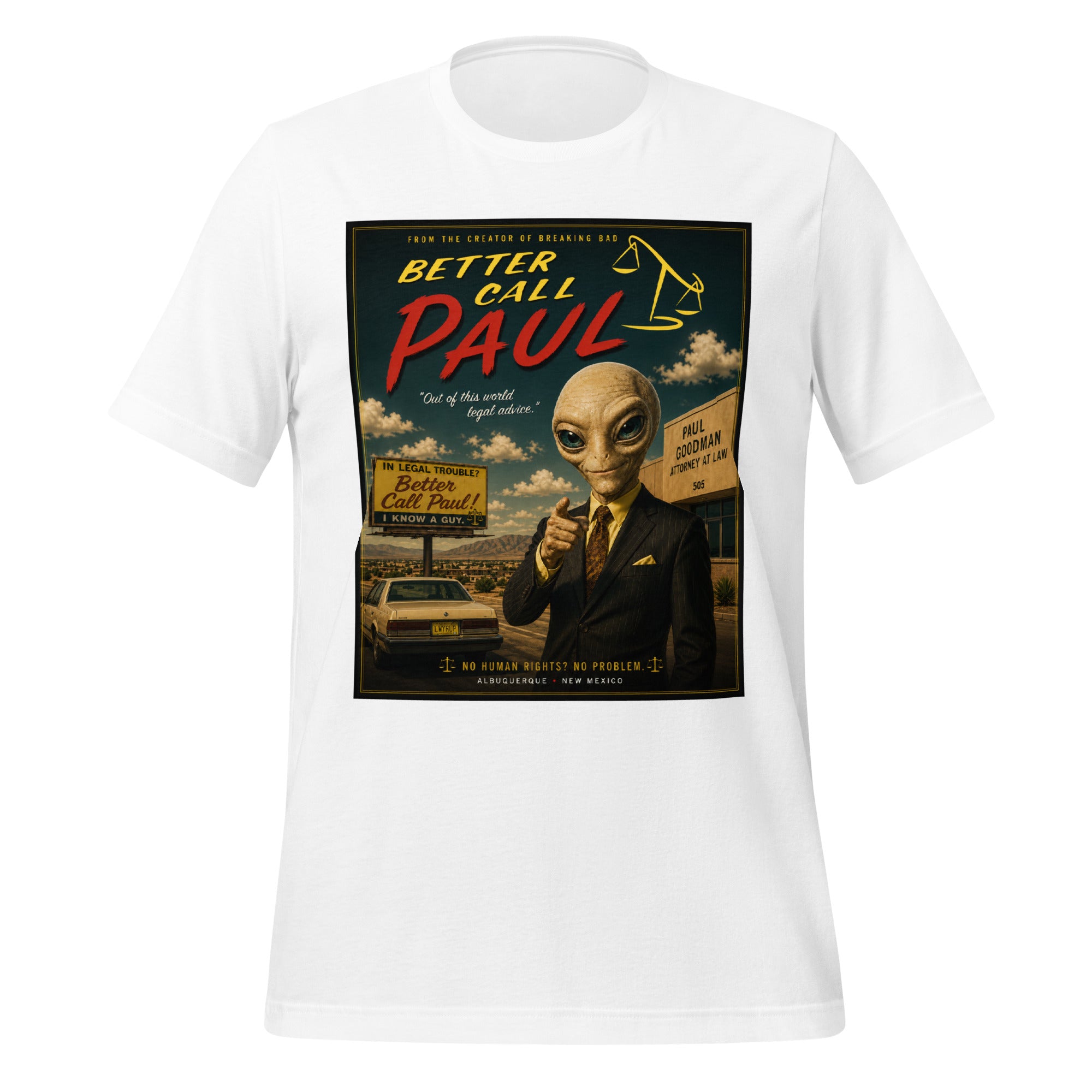 White t-shirt with 'Better Call Paul' graphic design featuring an alien in a suit.