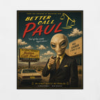 Paul the movie alien in a suit pointing at a 'Better Call Saul' billboard with a car and building in the background.