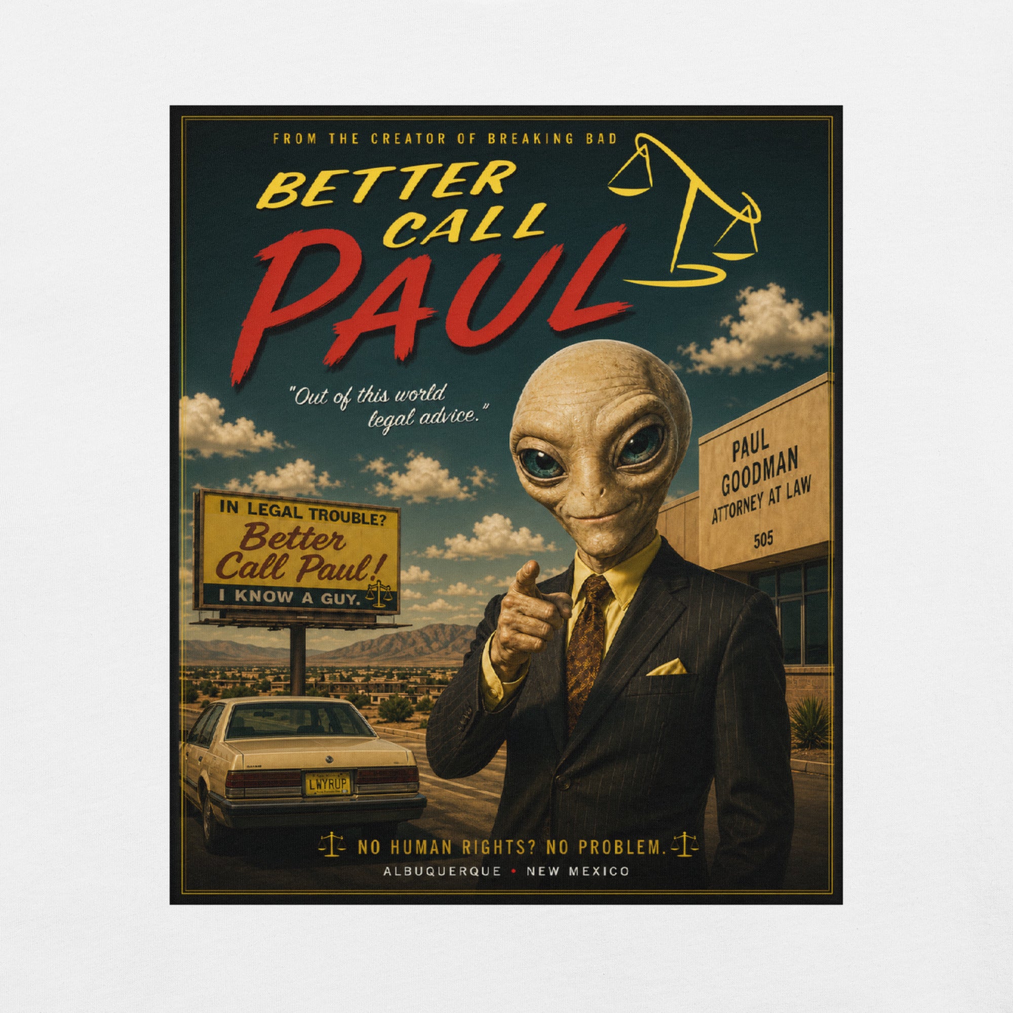 Paul the movie alien in a suit pointing at a 'Better Call Saul' billboard with a car and building in the background.
