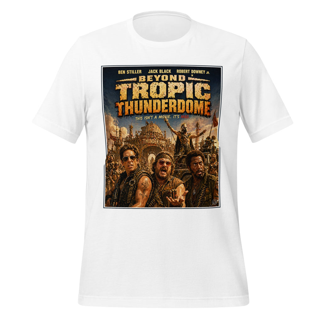 White t-shirt with 'Beyond Tropic Thunderdome' graphic design featuring three men.