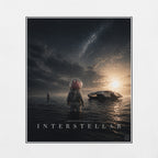 Movie poster for 'Interstellar' with a cartoon pig character looking at a sunset over water.