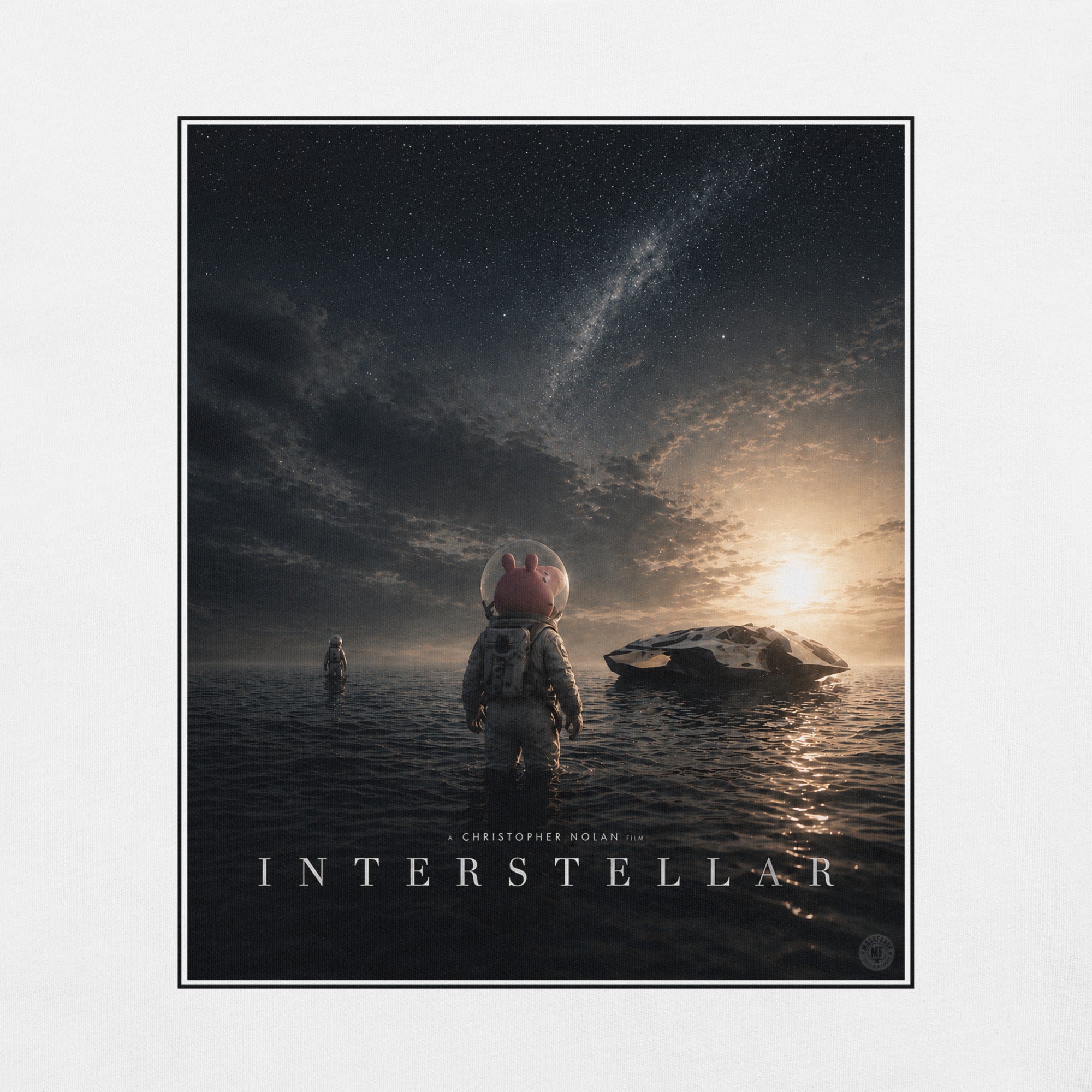 Movie poster for 'Interstellar' with a cartoon pig character looking at a sunset over water.