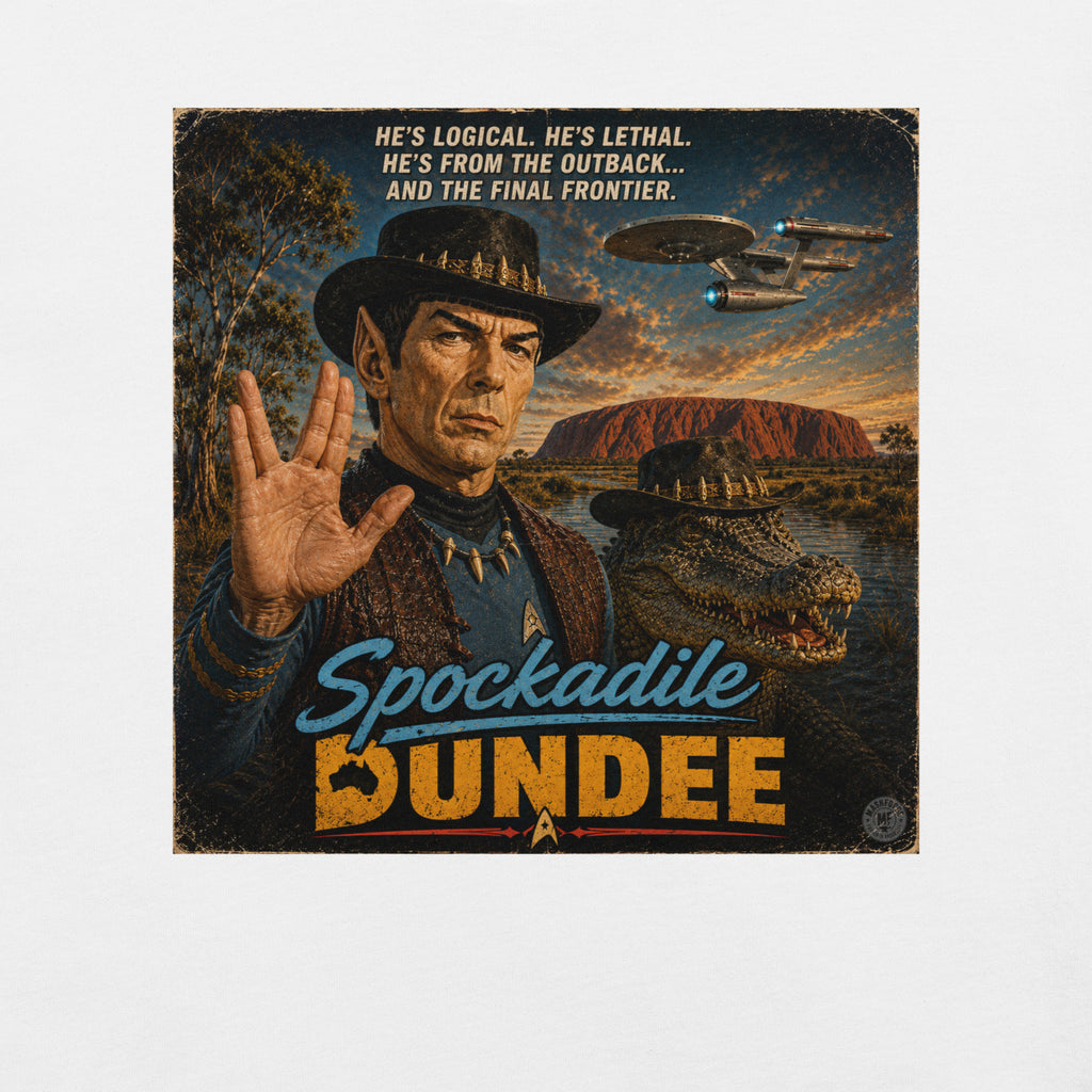 Vintage-style poster with an australian spock cowboy character and text, featuring a spaceship and landscape.