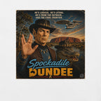Vintage-style poster with an australian spock cowboy character and text, featuring a spaceship and landscape.