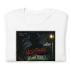 White t-shirt with 'Nightmare on Sesame Street' graphic design featuring a reddy Krueger figure and street lamp.