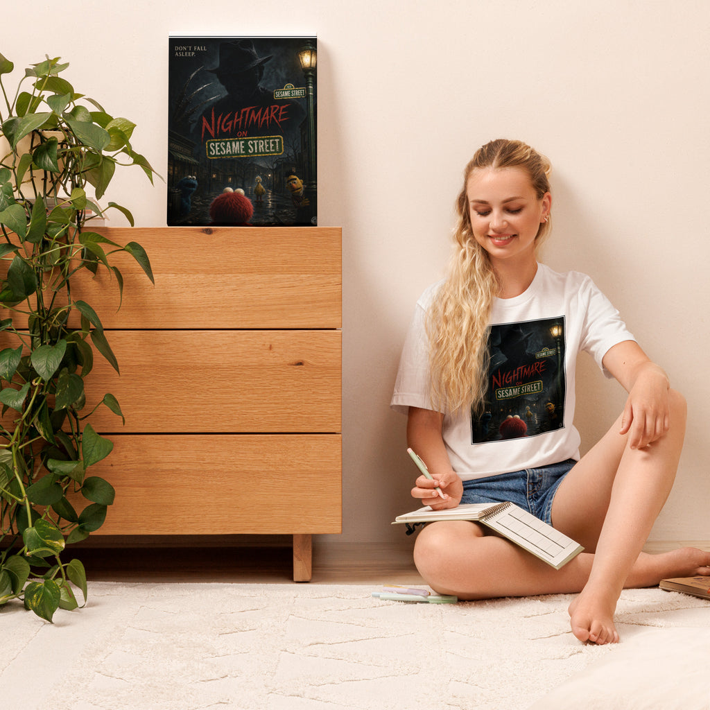 Woman sitting on the floor with a book, next to a wooden dresser with a 'Nightmare on sesame street poster.