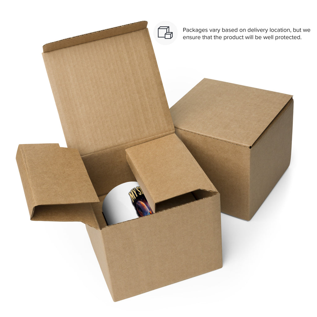 A mug packaged in a brown box