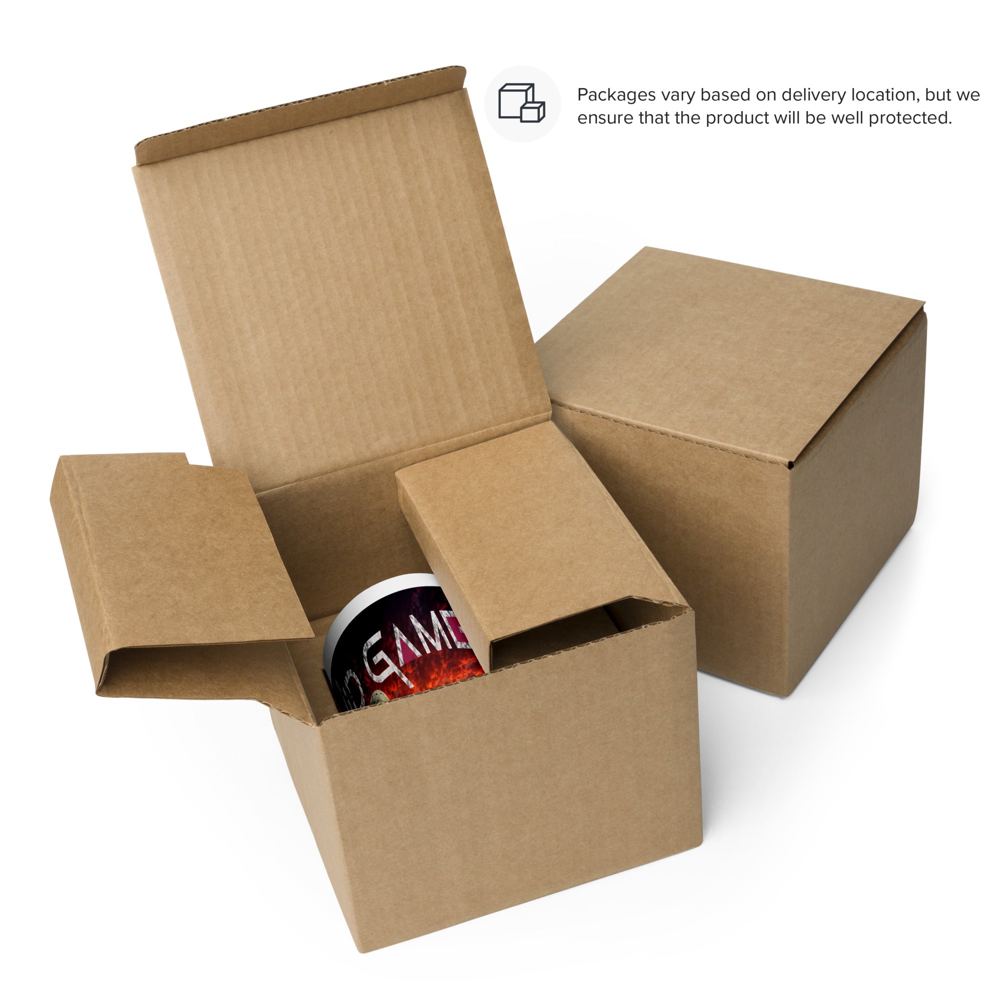 Brown cardboard box with a sprinted mug inside on a white background