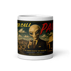 Mug with an alien in a suit design on a white background