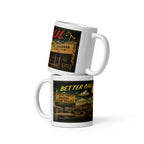 Two mugs with 'Better Call Saul' themed designs on a white background