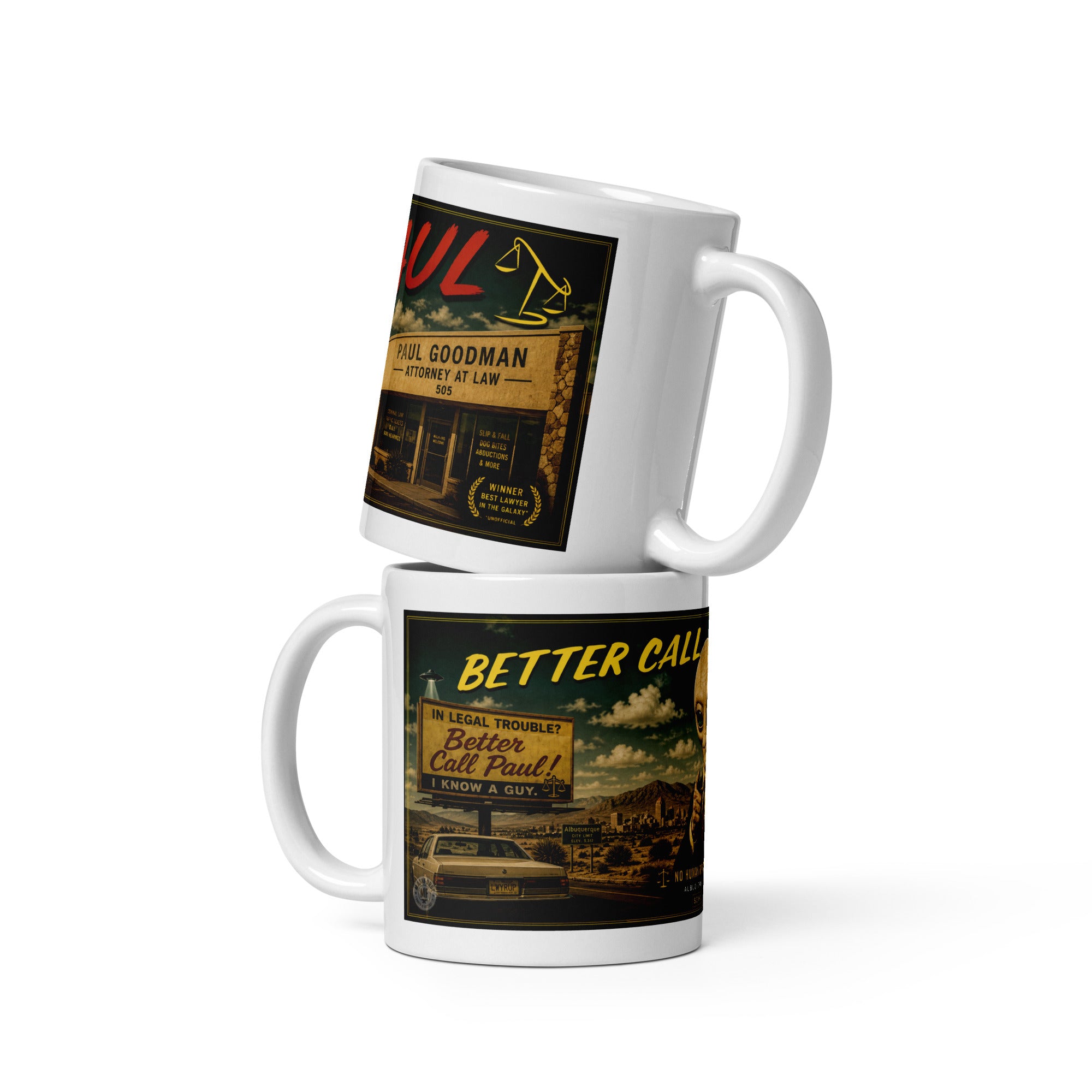 Two mugs with 'Better Call Saul' themed designs on a white background