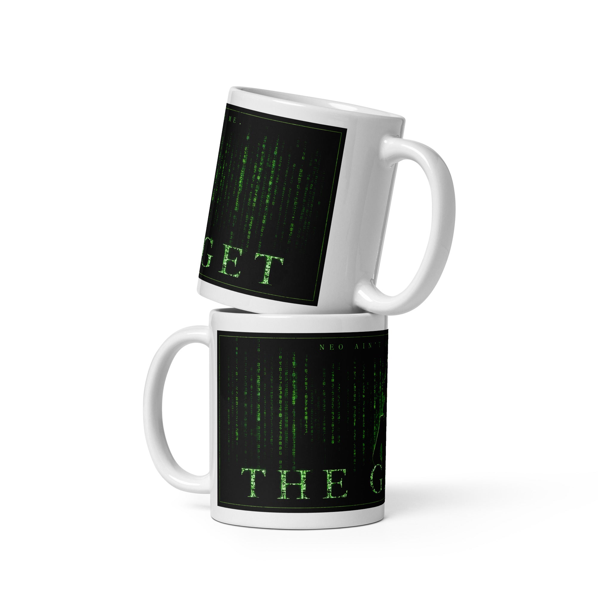 Two white mugs with Matrix-style text design on a white background